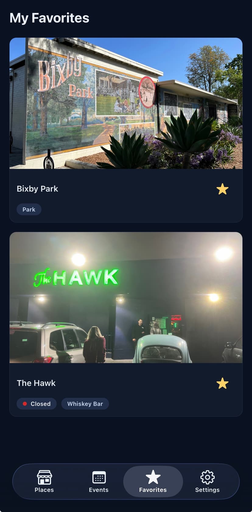 Favorites screen showing saved places